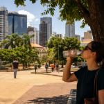 Moradores de Cuiabá se protegem do calor intenso em área urbana da capital mato-grossense