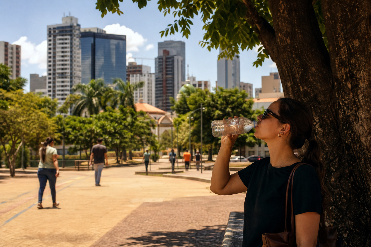 Moradores de Cuiabá se protegem do calor intenso em área urbana da capital mato-grossense