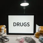 Algemas ao lado de drogas embaladas e dinheiro sobre uma mesa, sob iluminação forte.