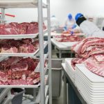 Trabalhadores manuseiam cortes de carne em bandejas dentro de uma unidade industrial de processamento de alimentos.