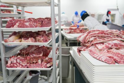 Trabalhadores manuseiam cortes de carne em bandejas dentro de uma unidade industrial de processamento de alimentos.