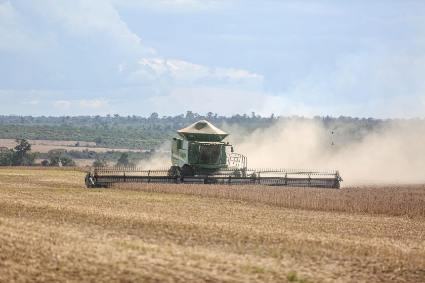 Colheitadeira trabalha em uma extensa plantação de soja em Paragominas, no Brasil.